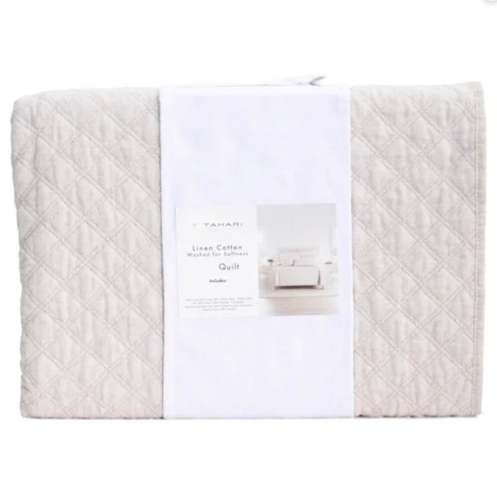 T Tahari Home NWT Double Diamond Melrose Linen Cotton Twin Quilt